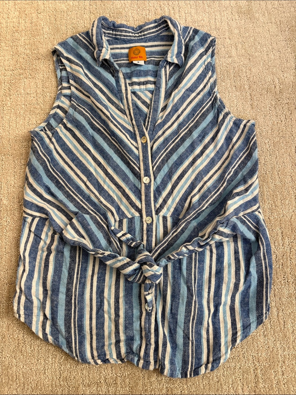 Ruby Rd. Blue and White Striped Tie-Front Tank Shirt Womens Medium Linen Costal